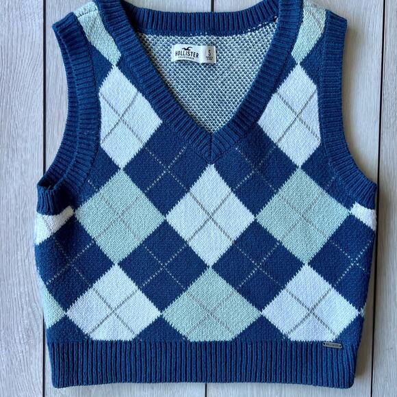 Hollister Argyle Crop Sweater Vest Small Layers Preppy Blue Diamond - Picture 1 of 7